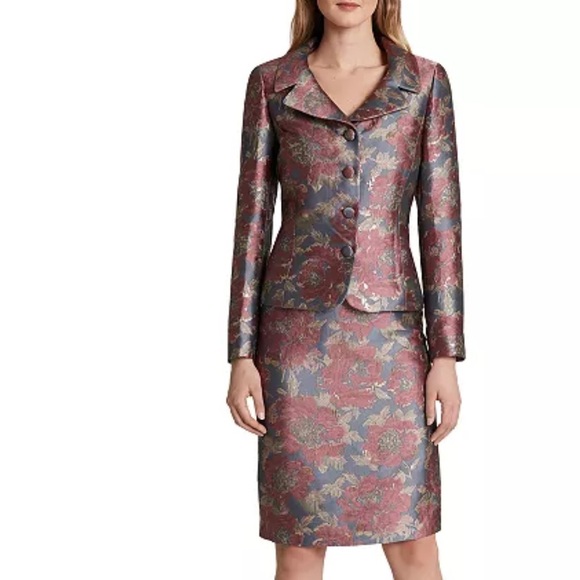 Tahari ASL Grey Pink Gold Metallic Floral Jacket Skirt Set Size 20W NWT - Picture 1 of 14